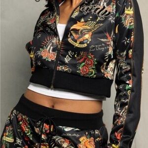 Ed Hardy Women's Shrunken Flashboard Cropped Black Track Jacket